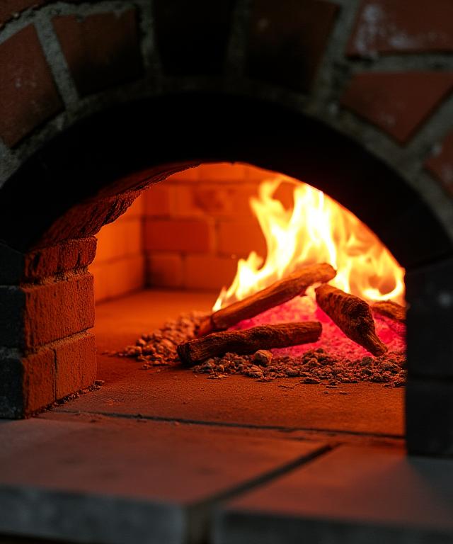 Un forno a legna tradizionale in mattoni con il fuoco acceso, simbolo della nostra passione.